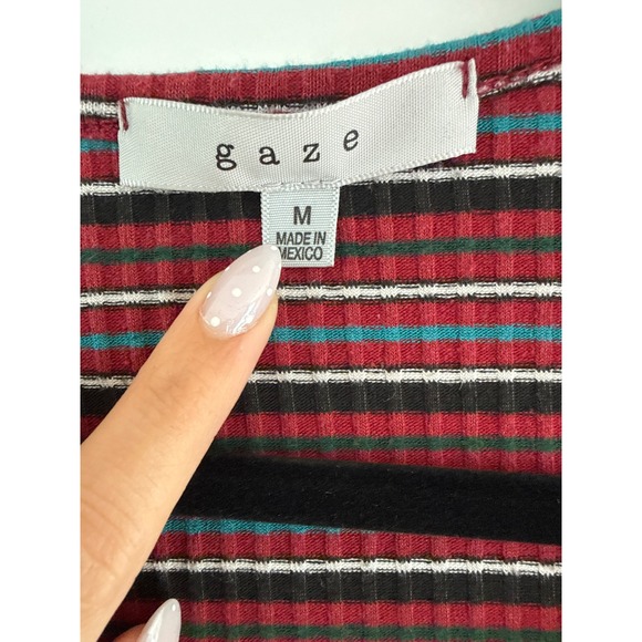 Gaze Striped Ribbed Knit Ruffle Trim Button Front Long Sleeve Top Medium - Picture 3 of 4